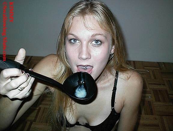 Young blonde slut chokes down a huge spoonful of cum #76124093