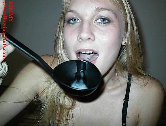 Young blonde slut chokes down a huge spoonful of cum #76124099