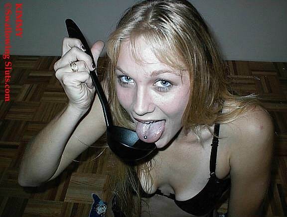 Young blonde slut chokes down a huge spoonful of cum #76124144