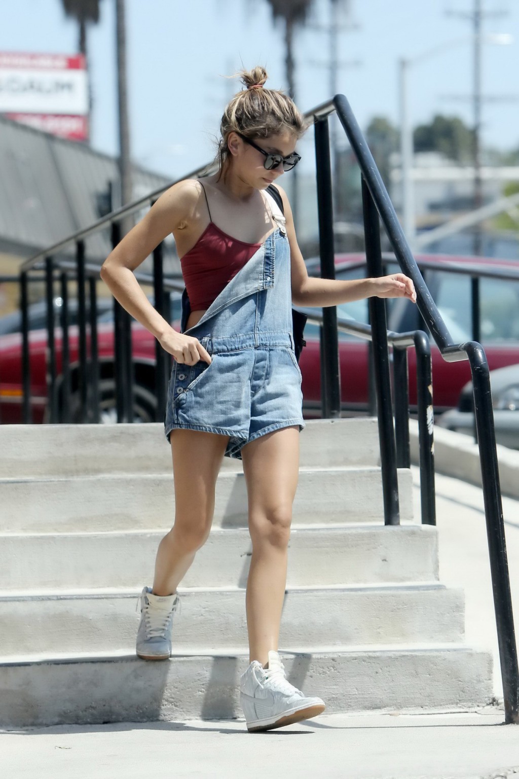 Sarah Hyland showing nipple pokies in belly top and shorts while shopping in LA #75161981