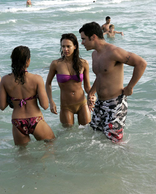 Jessica Alba playing football in bikini on beach and showing her tits #75399071