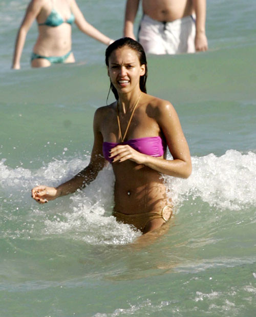 Jessica Alba playing football in bikini on beach and showing her tits #75399083