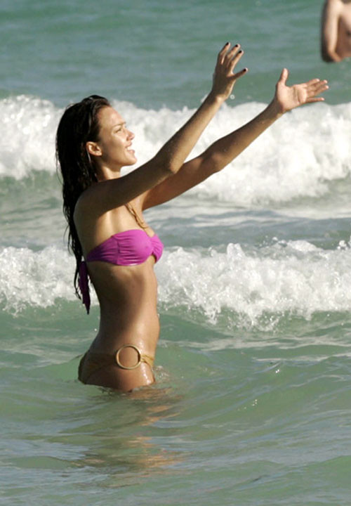 Jessica Alba playing football in bikini on beach and showing her tits #75399091