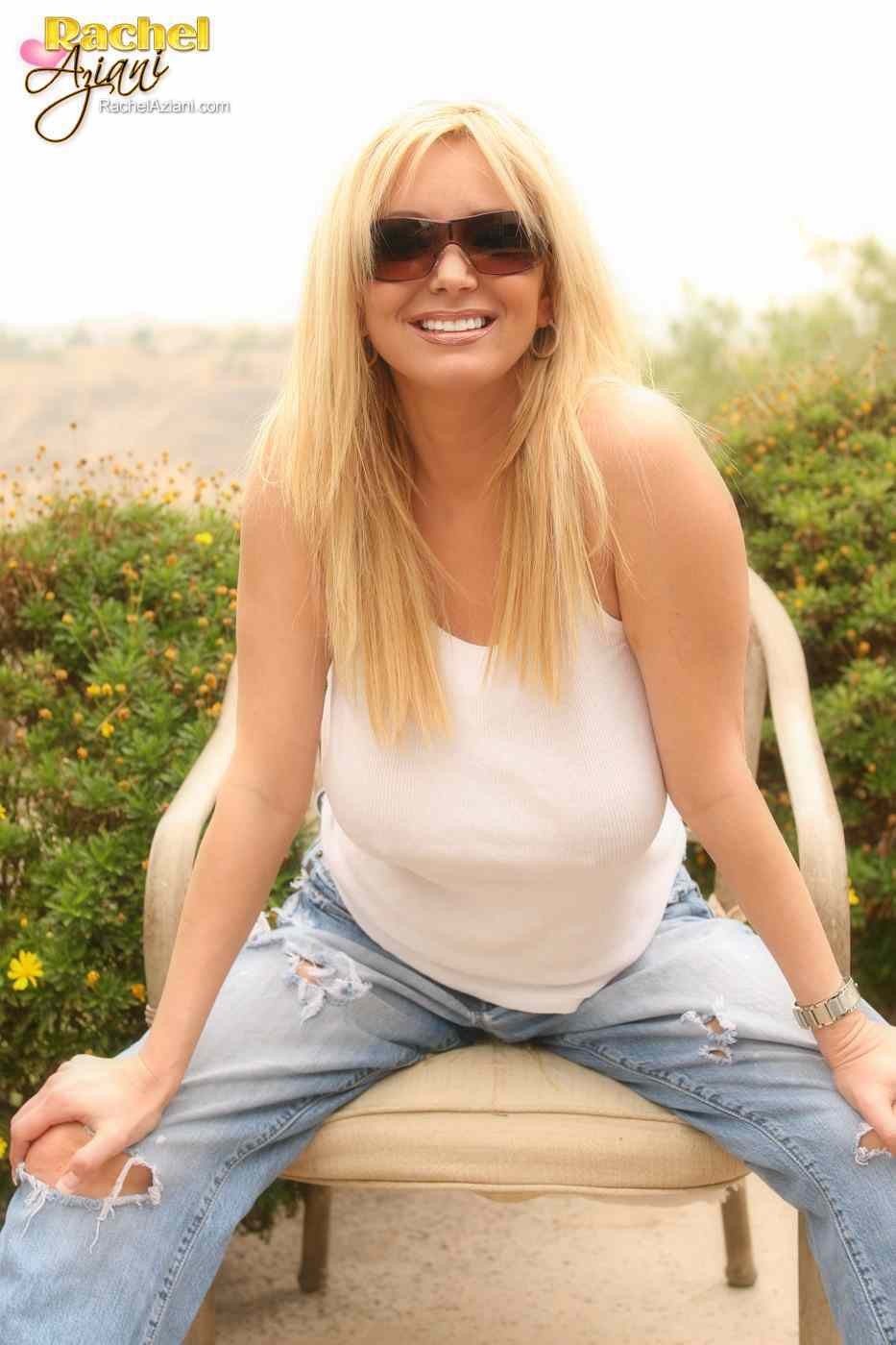 Hot busty blonde looking sexy in a white shirt and torn jeans #73109000