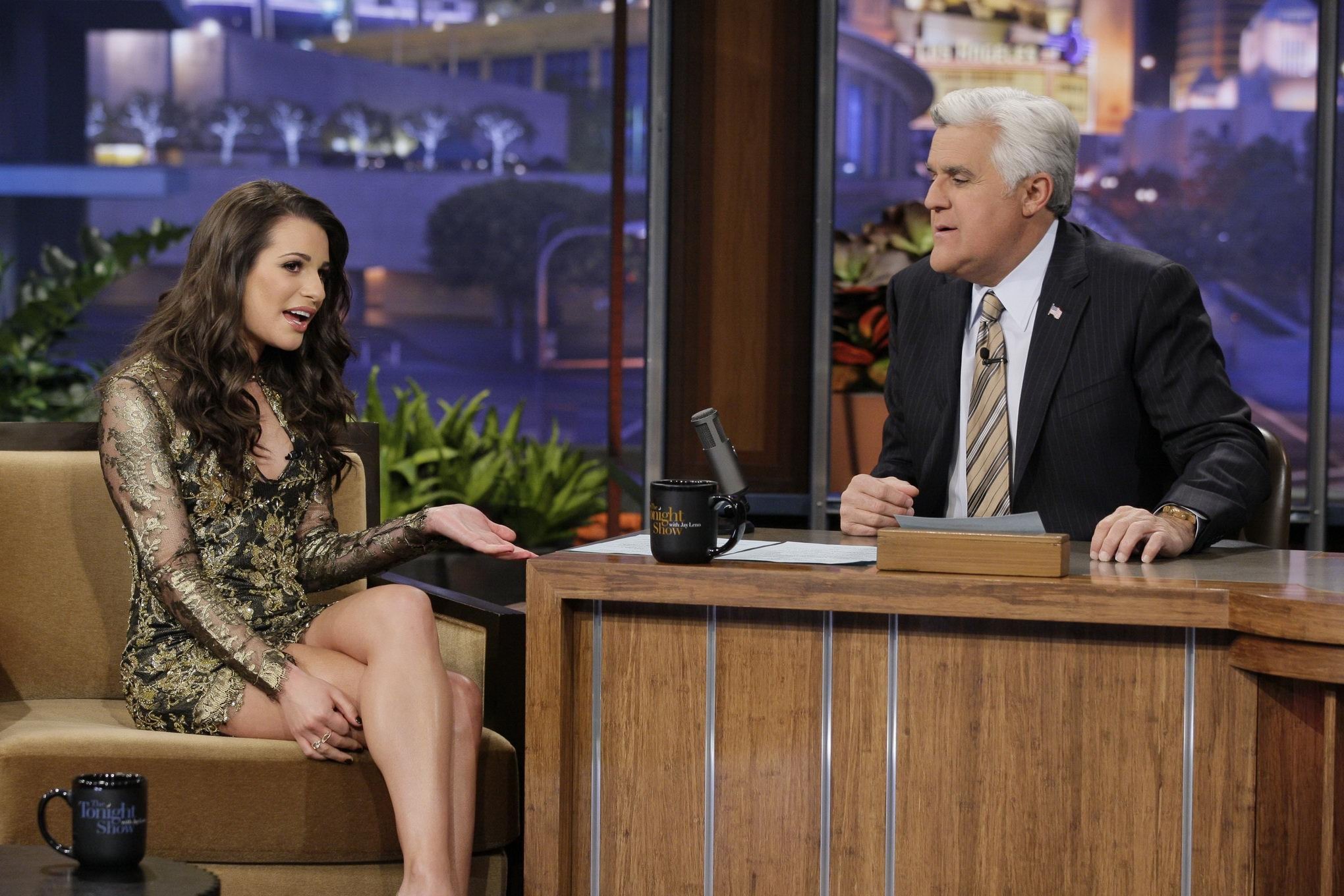 Lea Michele leggy wearing mini dress on Jey Leno Show #75279985