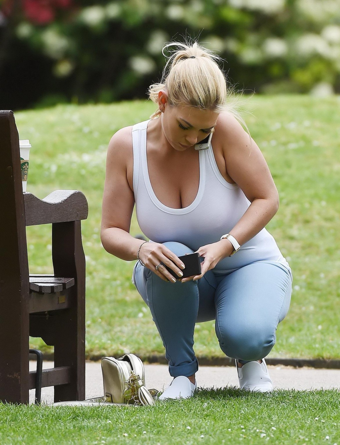 Busty Frankie Essex braless downblouse at a park in London #75162067