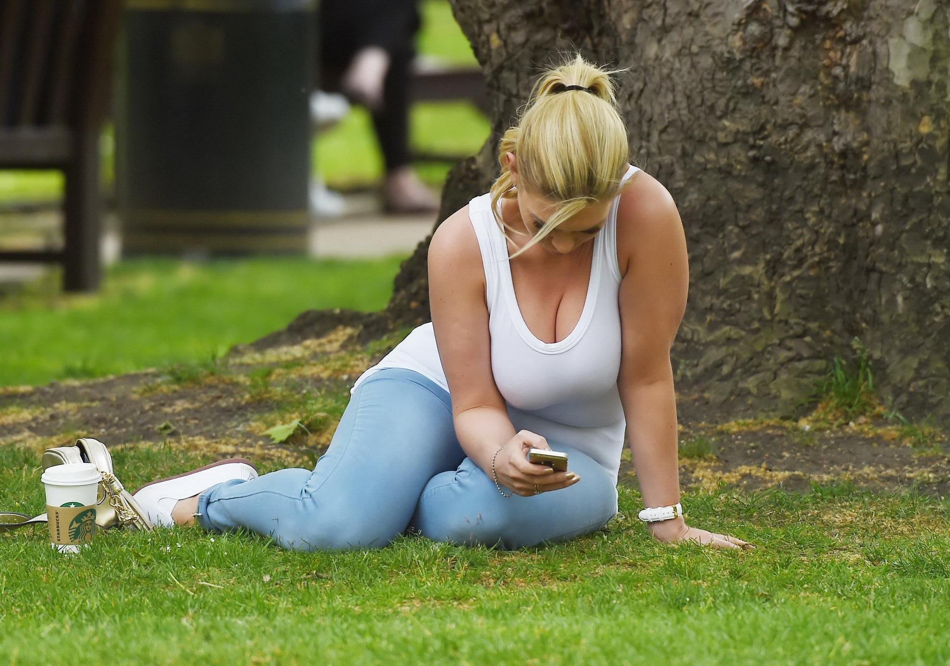Busty Frankie Essex braless downblouse at a park in London #75162102