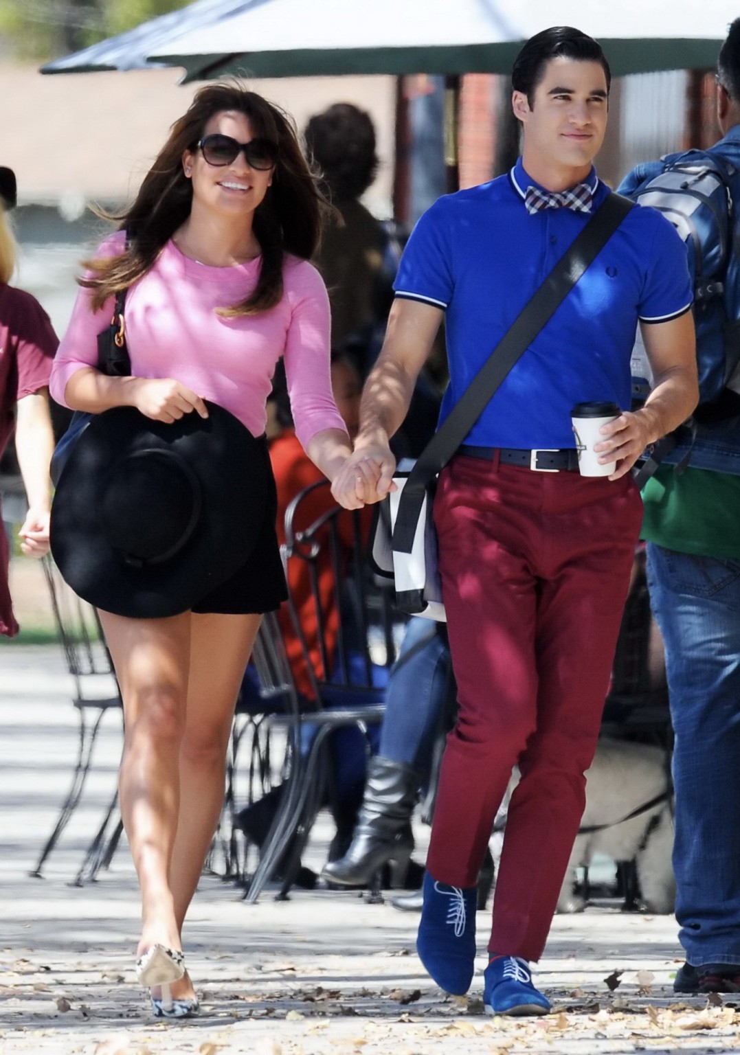 Lea Michele busty and leggy in a tight pink top and shorts on the set of Glee in #75185213