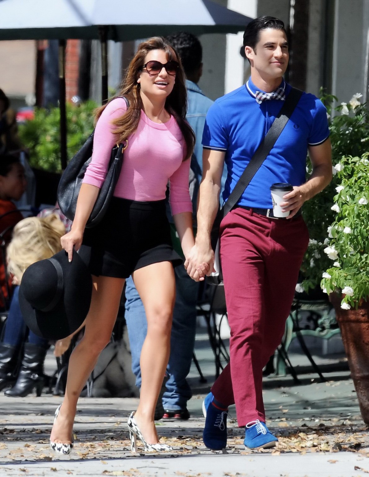 Lea Michele busty and leggy in a tight pink top and shorts on the set of Glee in #75185226