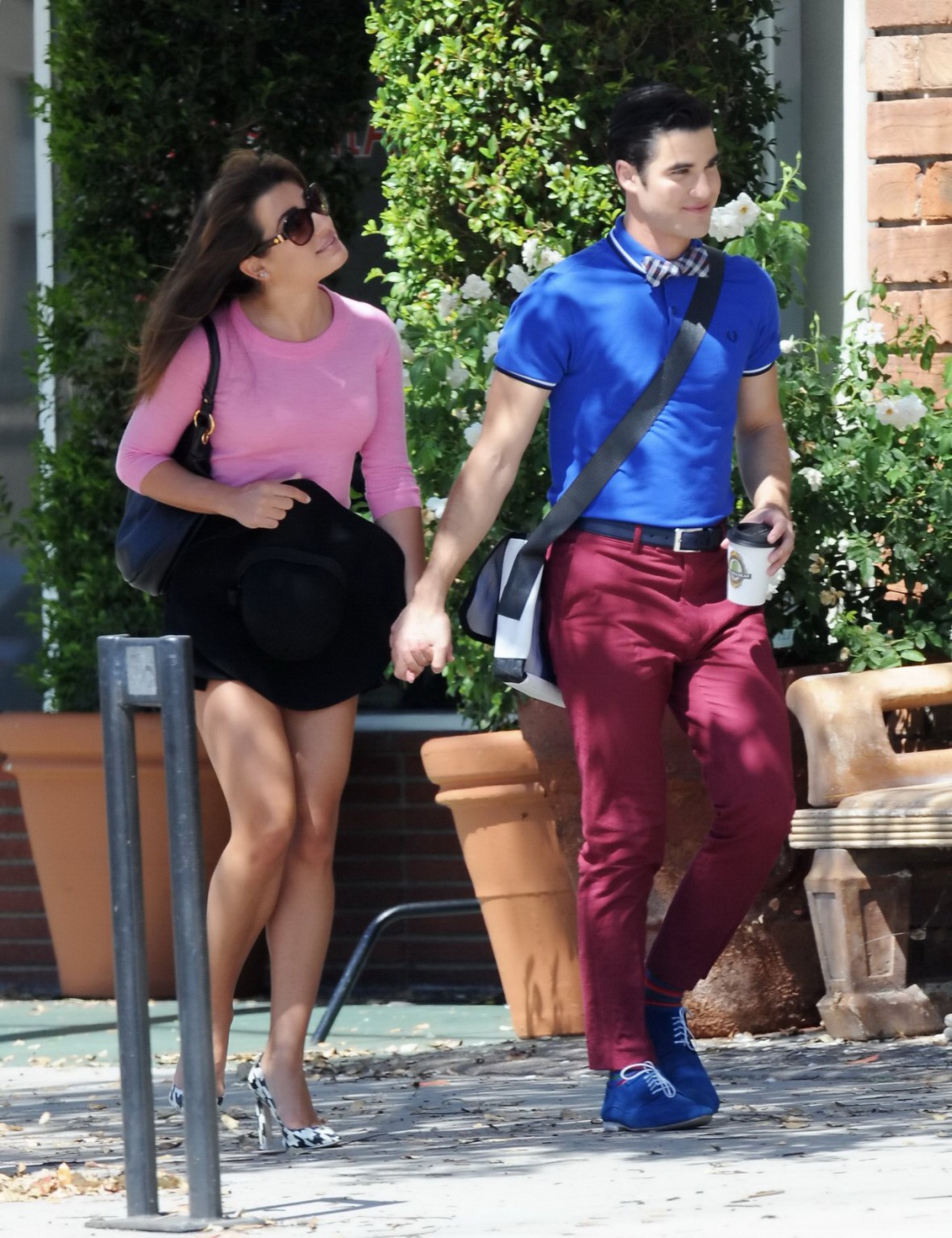 Lea Michele busty and leggy in a tight pink top and shorts on the set of Glee in #75185241