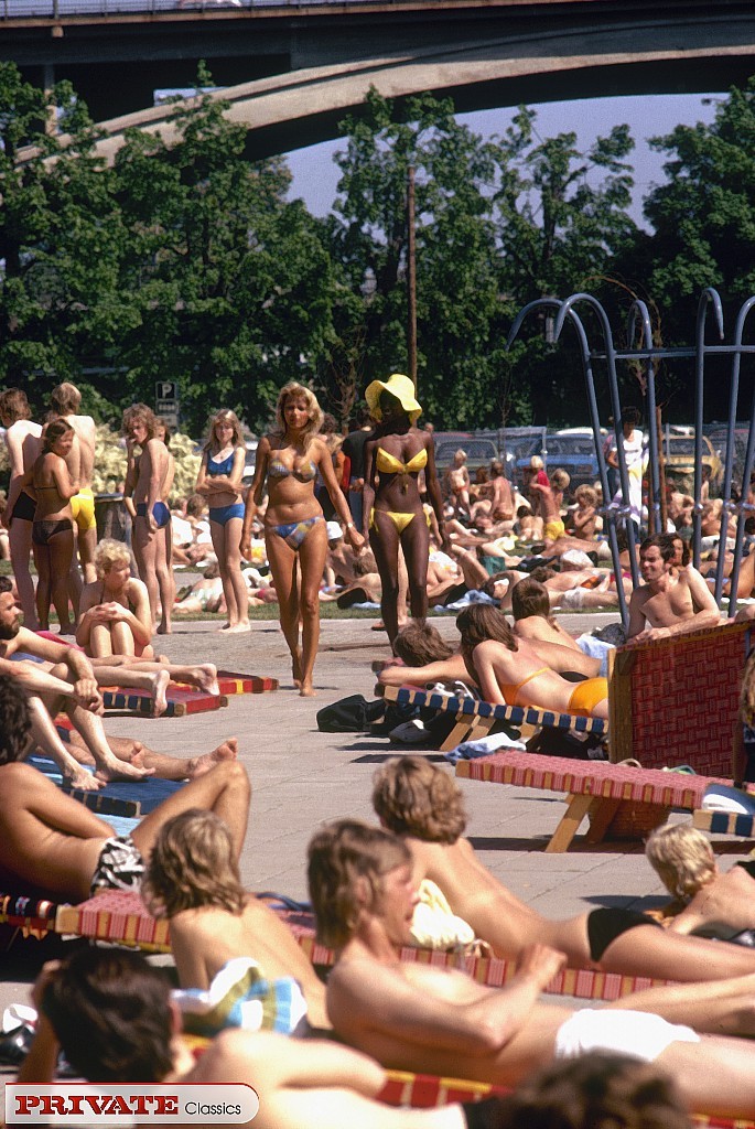 Vintage black pornstars in bikini on public beach #67400967