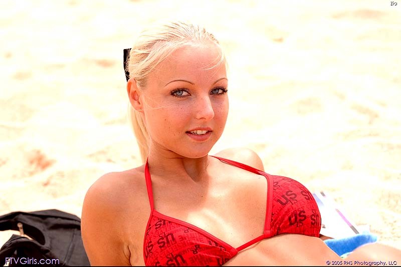 Beautiful beach blonde in red hot bikini #72319496