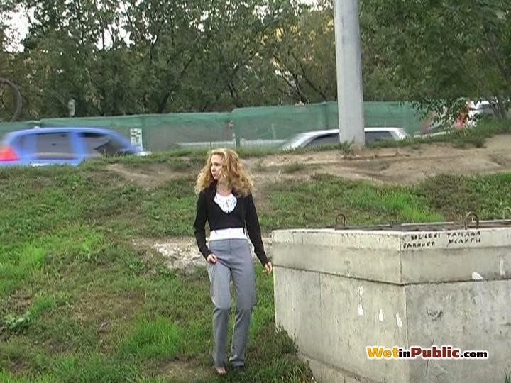 Blondie can not hold urine in and pisses in her grey pants in public #73246839