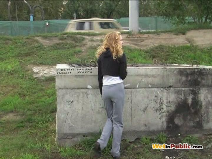 Blondie can not hold urine in and pisses in her grey pants in public #73246850