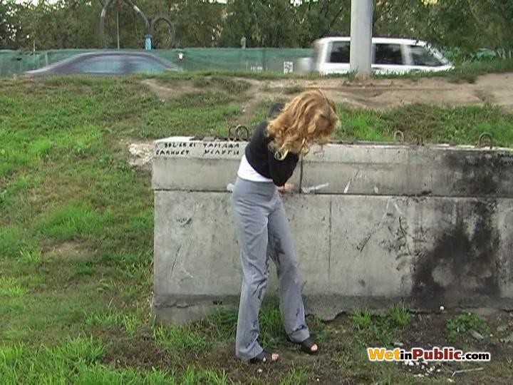 Blondie can not hold urine in and pisses in her grey pants in public #73246869