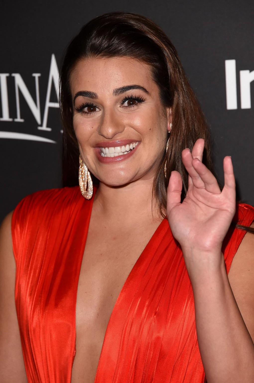 Lea Michele leggy  cleavy wearing a sexy orange dress at the InStyle And Warner  #75175056