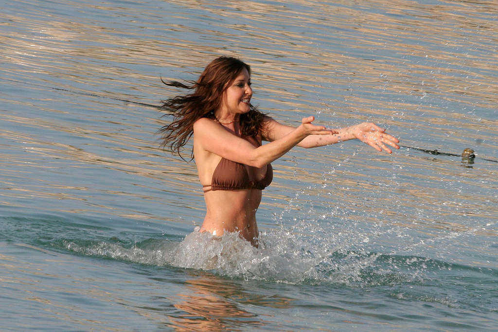 Lisa Snowdon posing topless and in bikini on beach #75348292