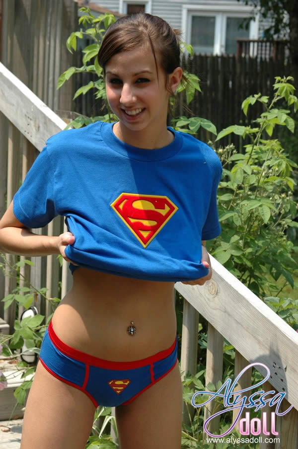 Brunette teen alyssa doll in superman panties flashes her tits #74962895