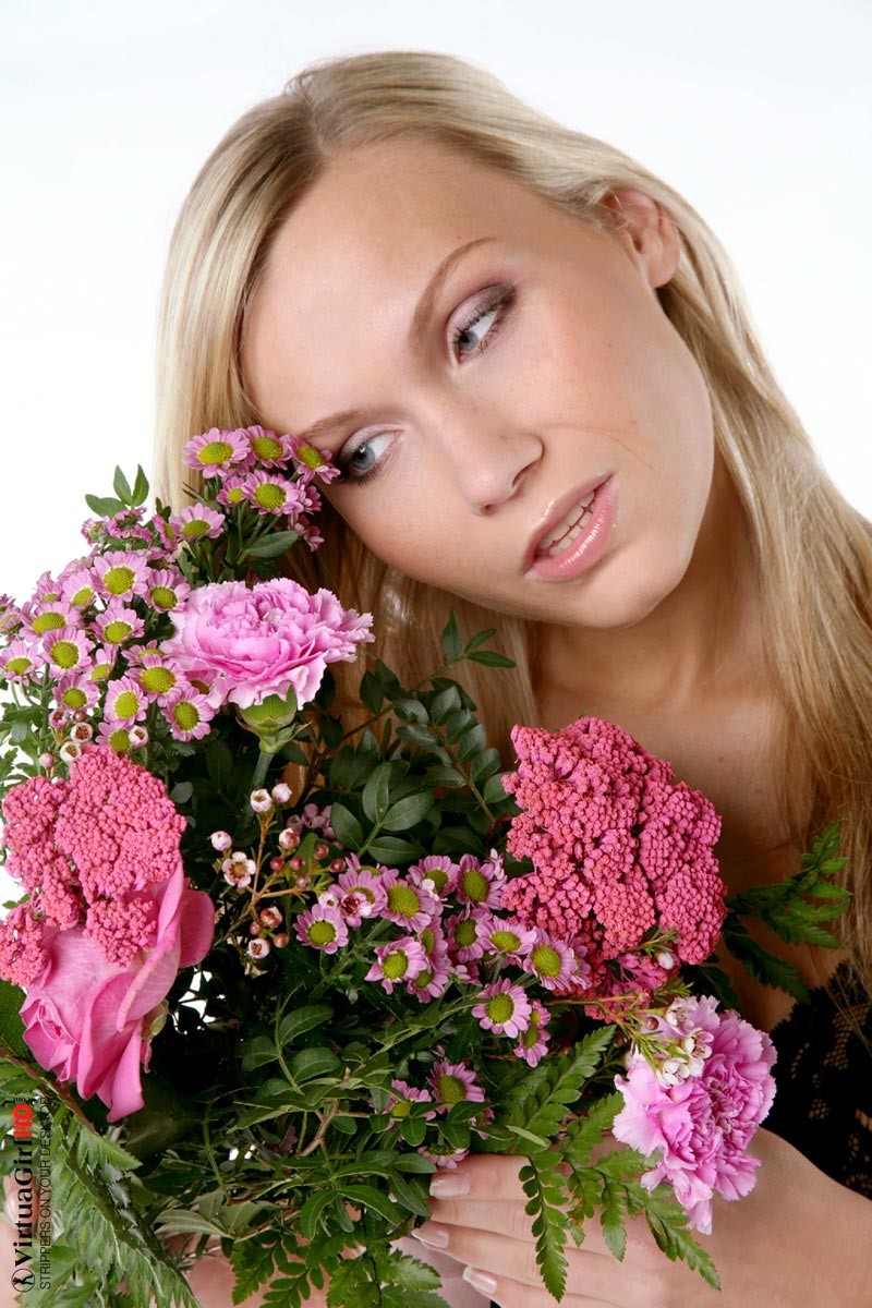 Beautiful blonde Misa with a bunch of flowers #72827577