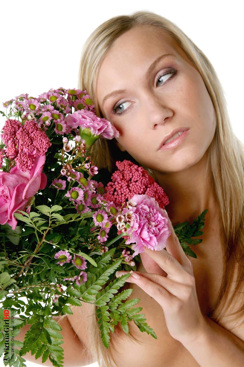 Beautiful blonde Misa with a bunch of flowers #72827630