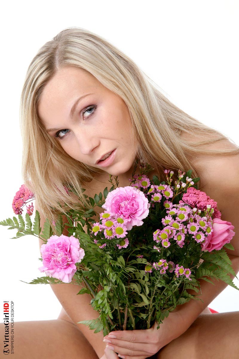 Beautiful blonde Misa with a bunch of flowers #72827656