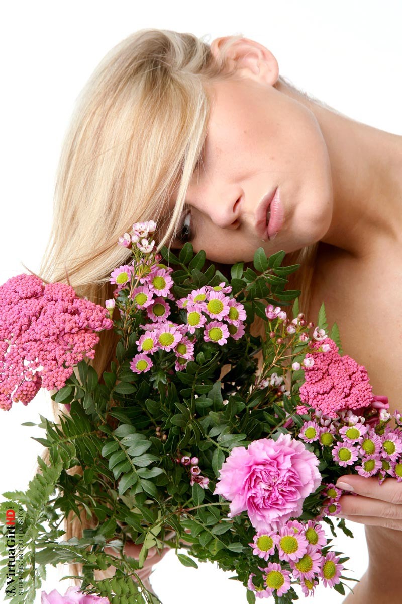 Beautiful blonde Misa with a bunch of flowers #72827666
