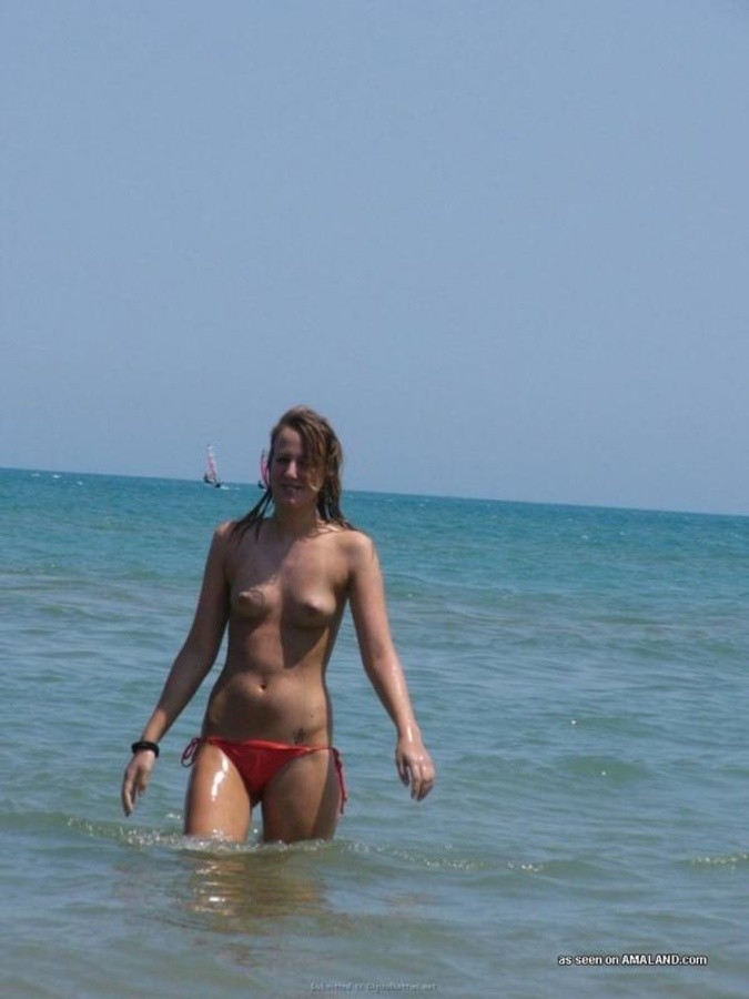 Blonde teen GF having fun topless at the beach #67627357
