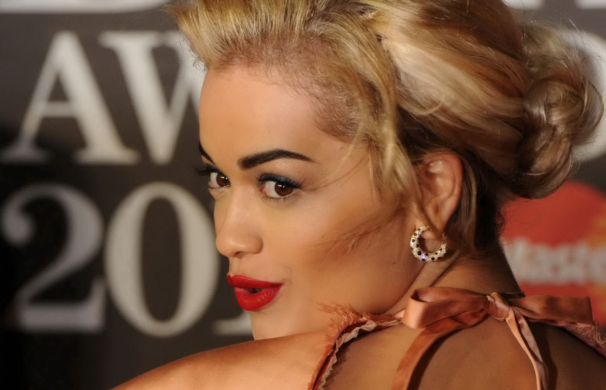 Rita Ora braless showing side boob in a hot orange backless dress on 2013 Brit A #75240635
