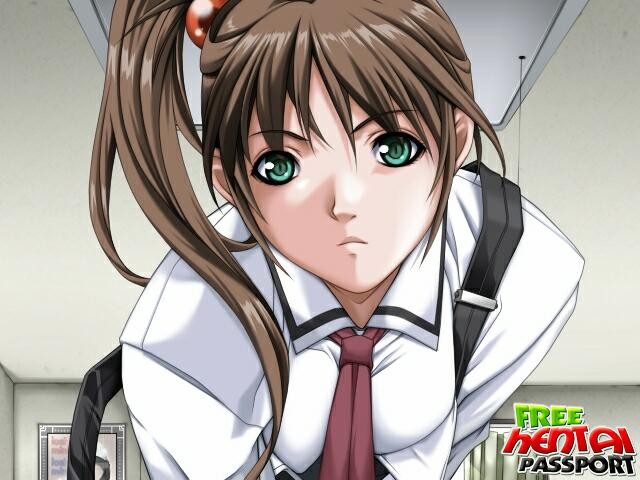 Green eyed hentai schoolgirl showing her assets in the classroome
