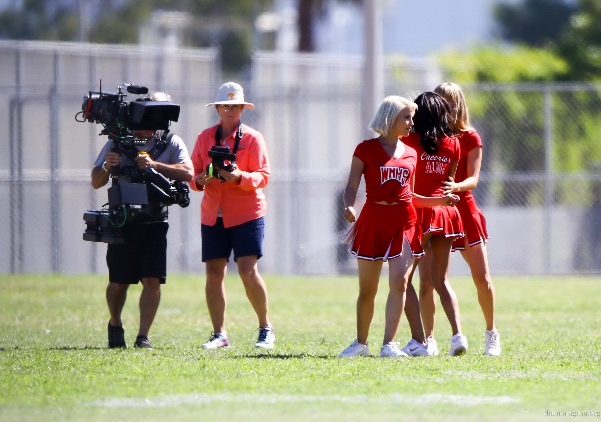 Dianna Agron in cheerleader outfit flashing her red panties on Glee season 6 set #75185093