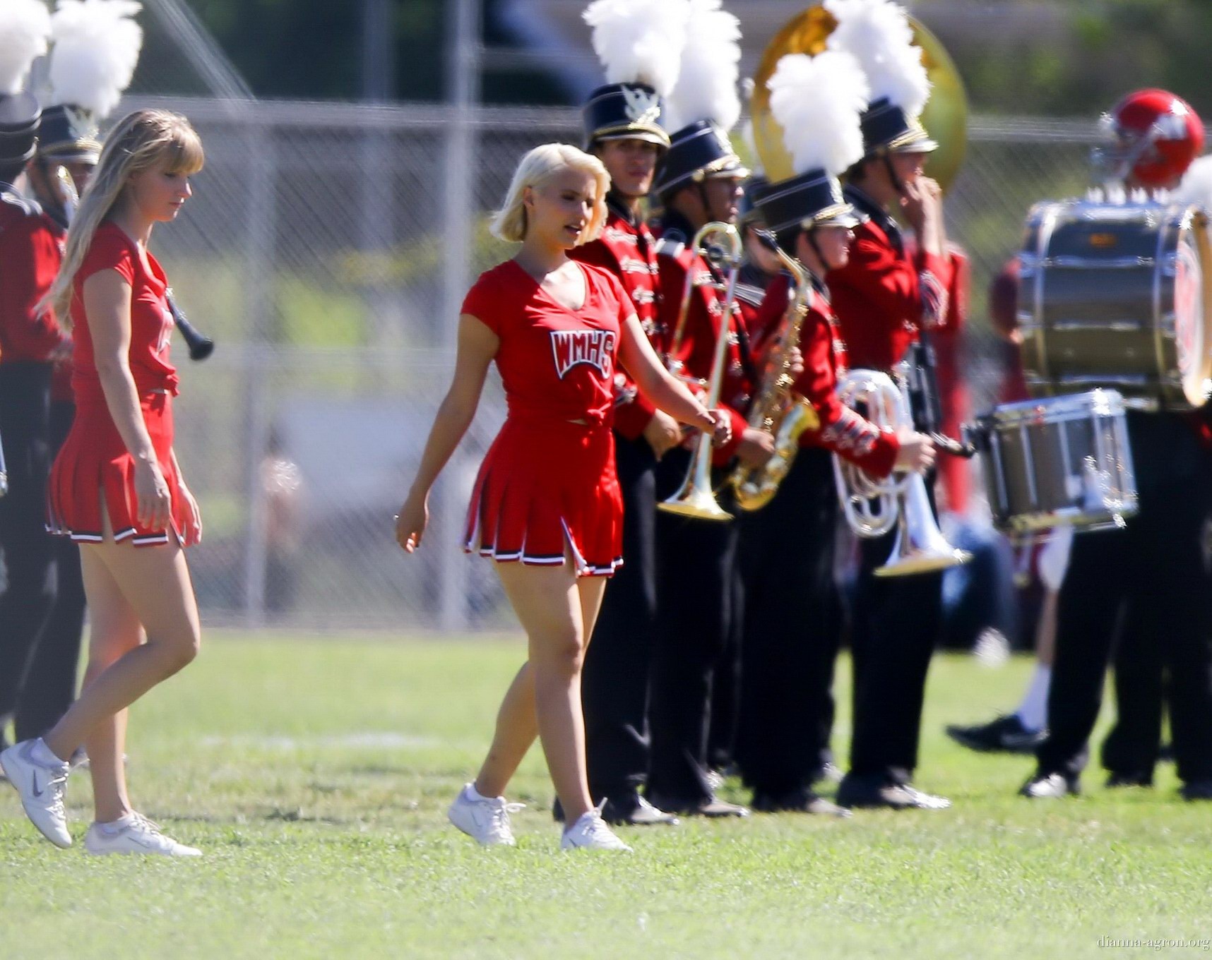 Dianna Agron in cheerleader outfit flashing her red panties on Glee season 6 set #75185113