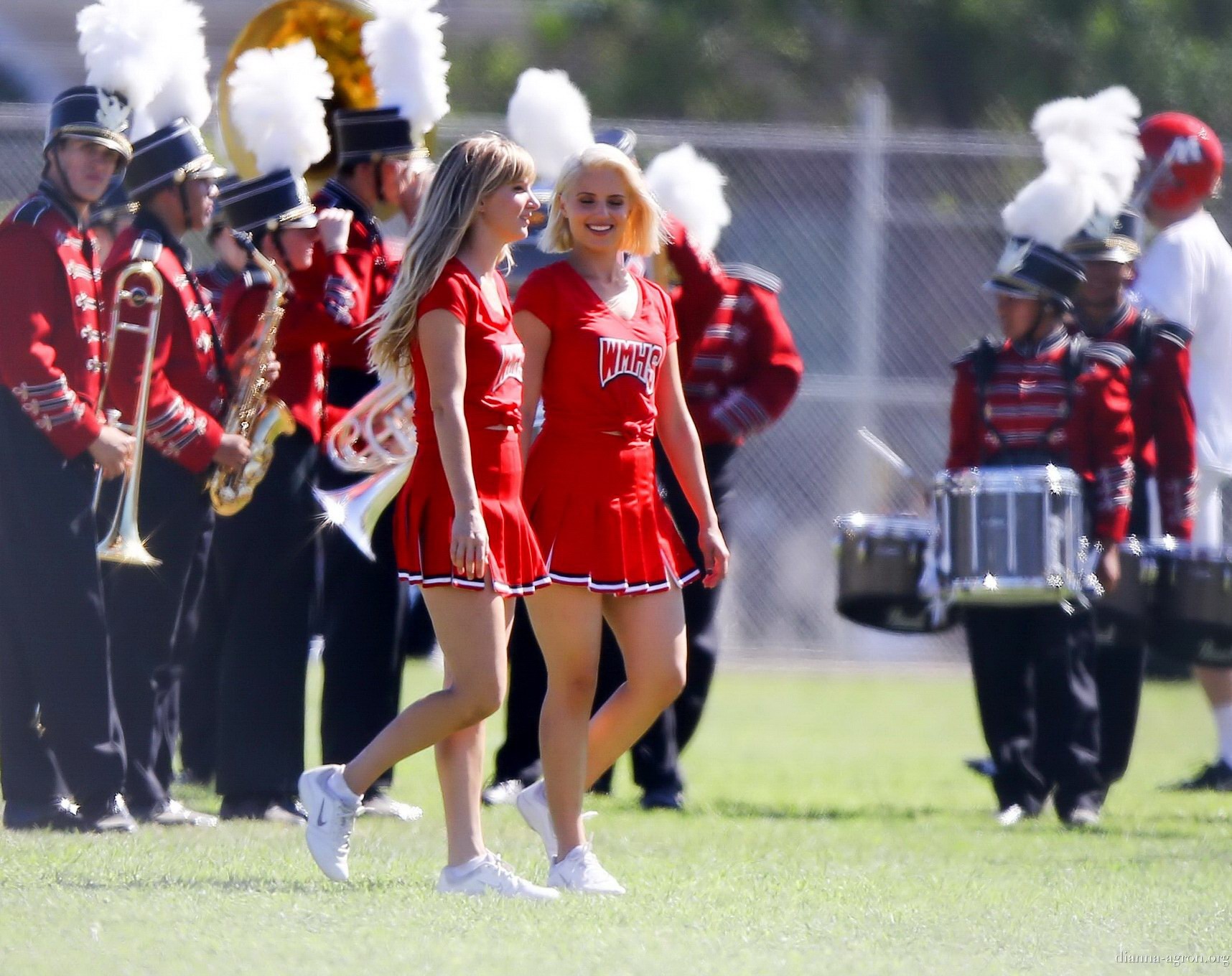 Dianna Agron in cheerleader outfit flashing her red panties on Glee season 6 set #75185118