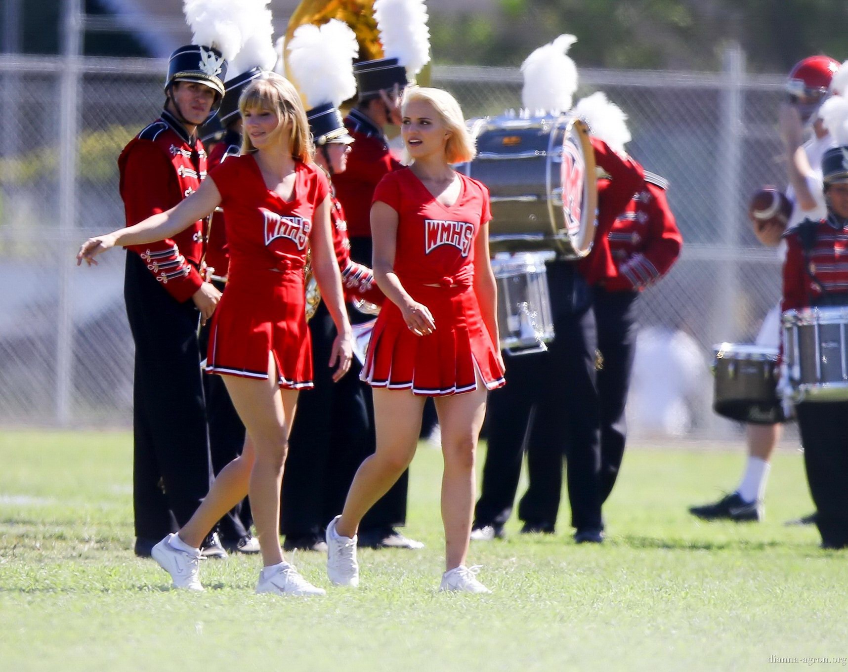 Dianna Agron in cheerleader outfit flashing her red panties on Glee season 6 set #75185127