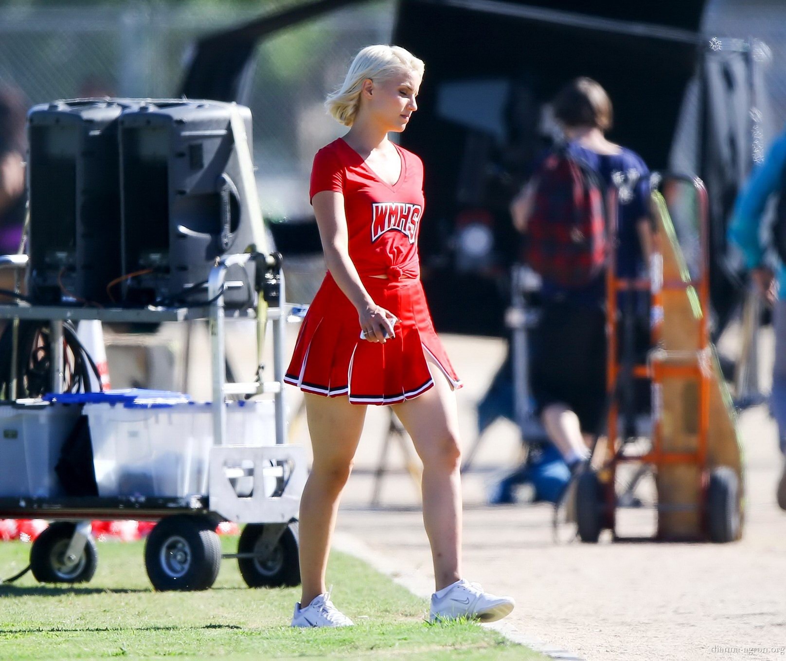 Dianna Agron in cheerleader outfit flashing her red panties on Glee season 6 set #75185147