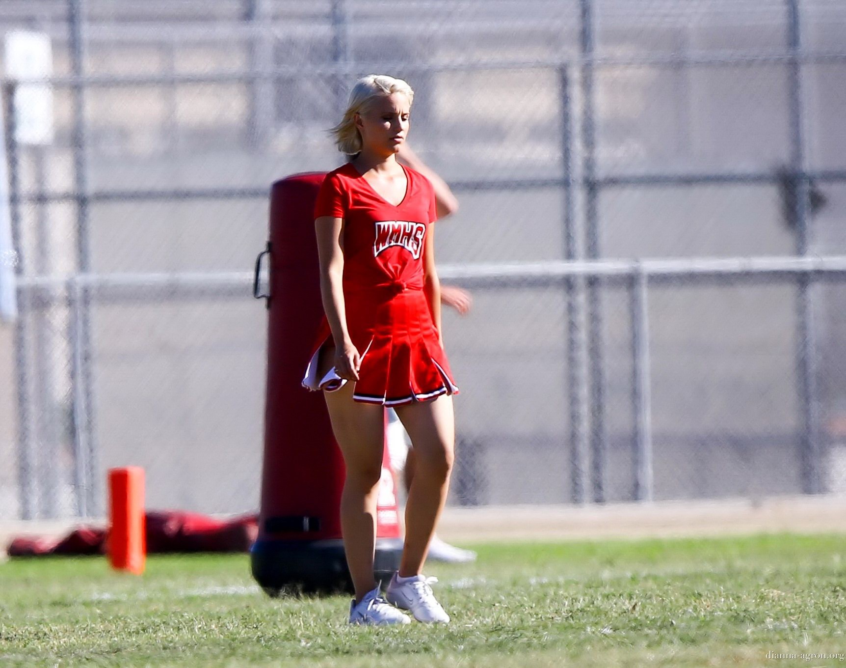 Dianna Agron in cheerleader outfit flashing her red panties on Glee season 6 set #75185154