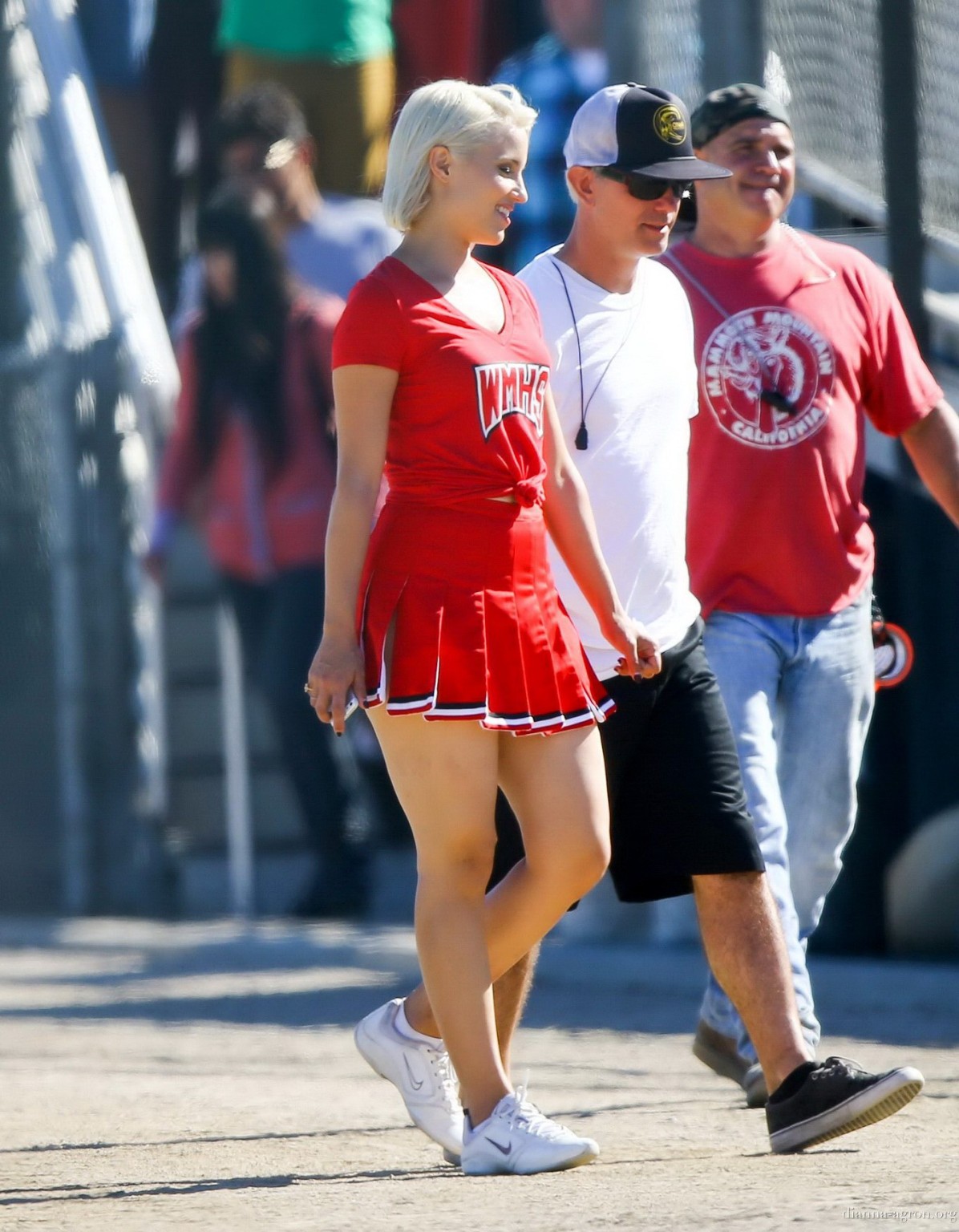 Dianna Agron in cheerleader outfit flashing her red panties on Glee season 6 set #75185163