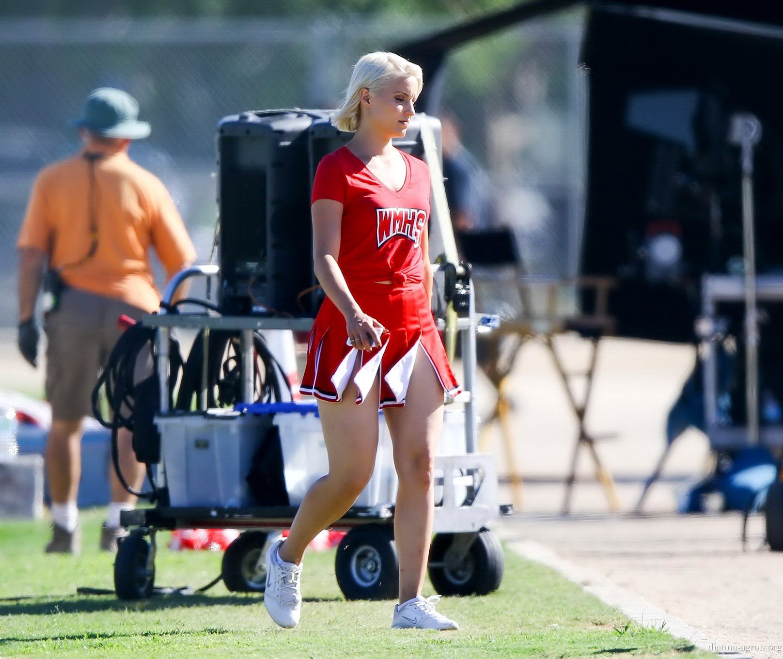 Dianna Agron in cheerleader outfit flashing her red panties on Glee season 6 set #75185175