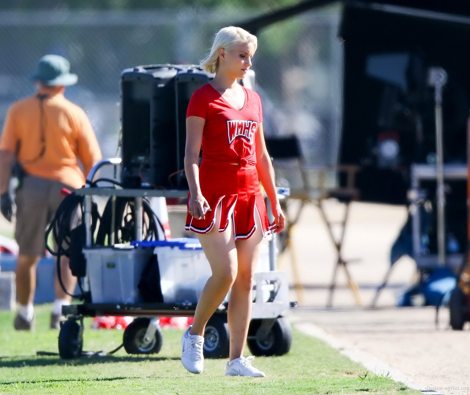 Dianna Agron in cheerleader outfit flashing her red panties on Glee season 6 set #75185185