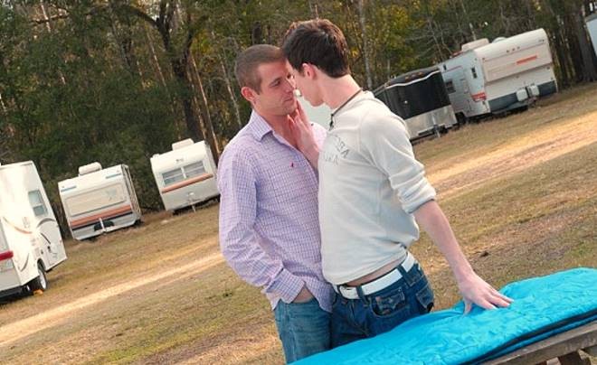 Fair and dark haired twinks enjoy each others cock on a picnic #76960023