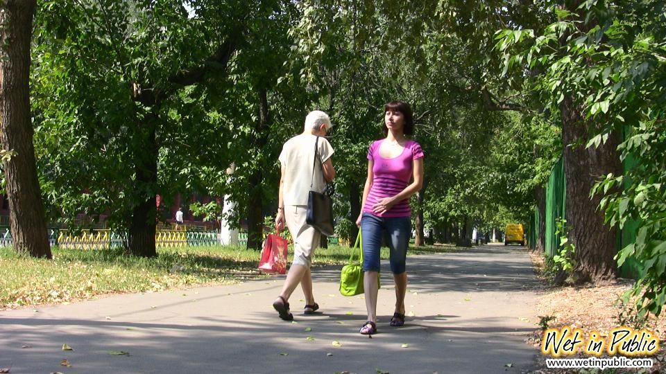 Hot chick has to change on the street after wetting her jeans breeches #73240838