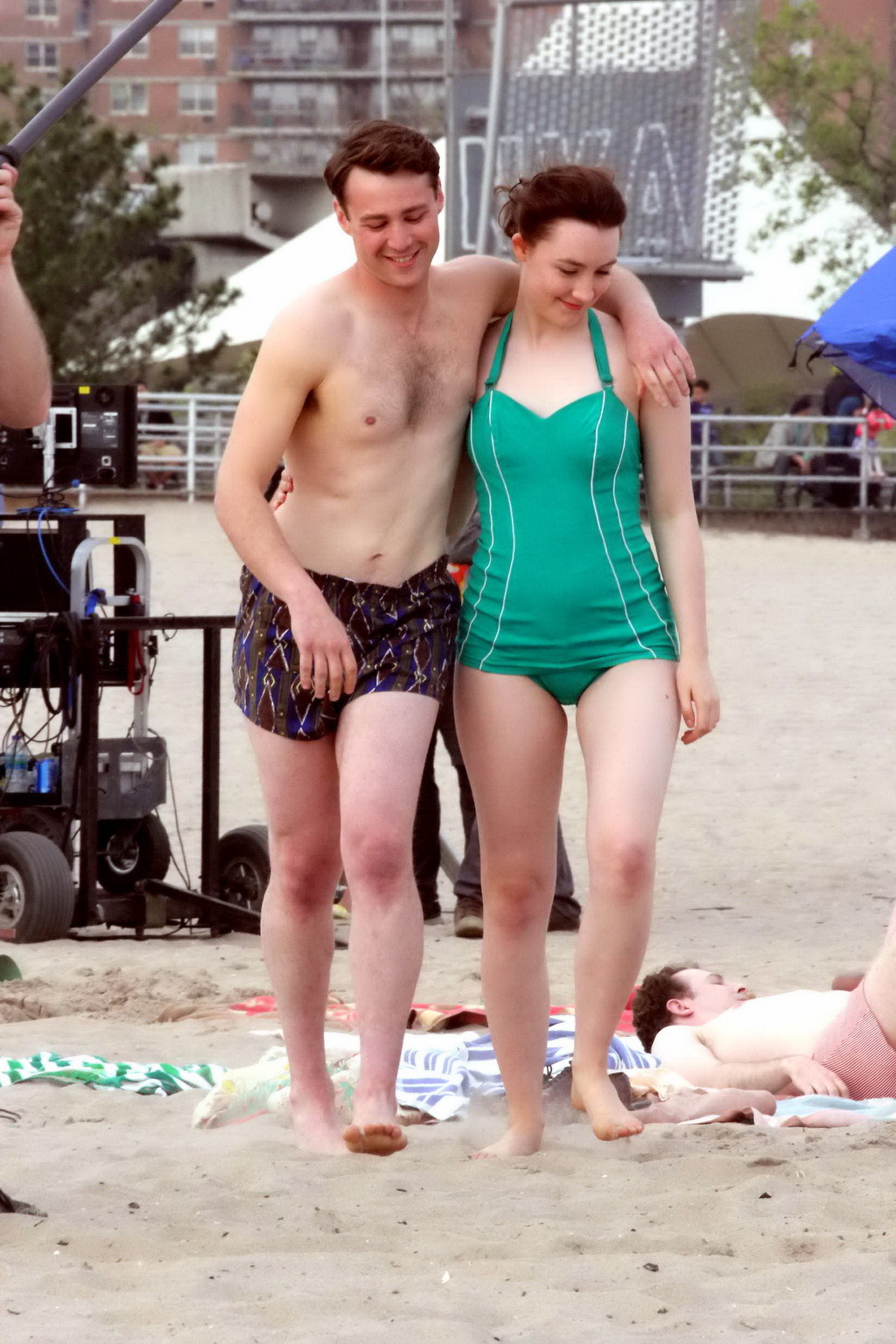 Saoirse Ronan booty wearing retro green swimsuit at the beach in New York #75195650