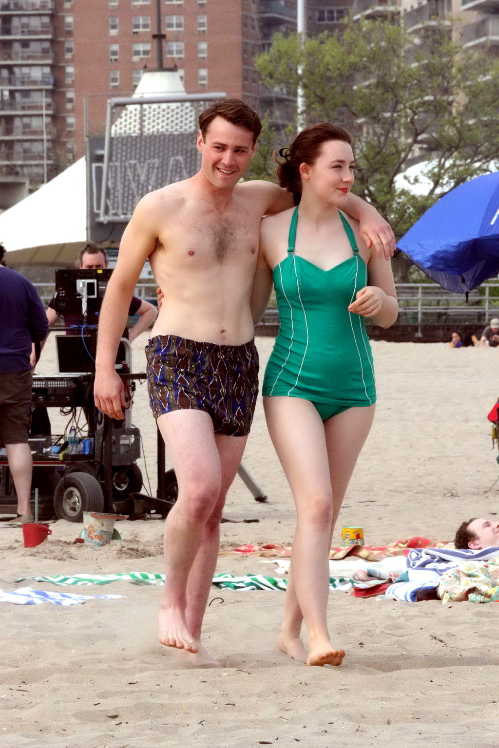 Saoirse Ronan booty wearing retro green swimsuit at the beach in New York #75195654