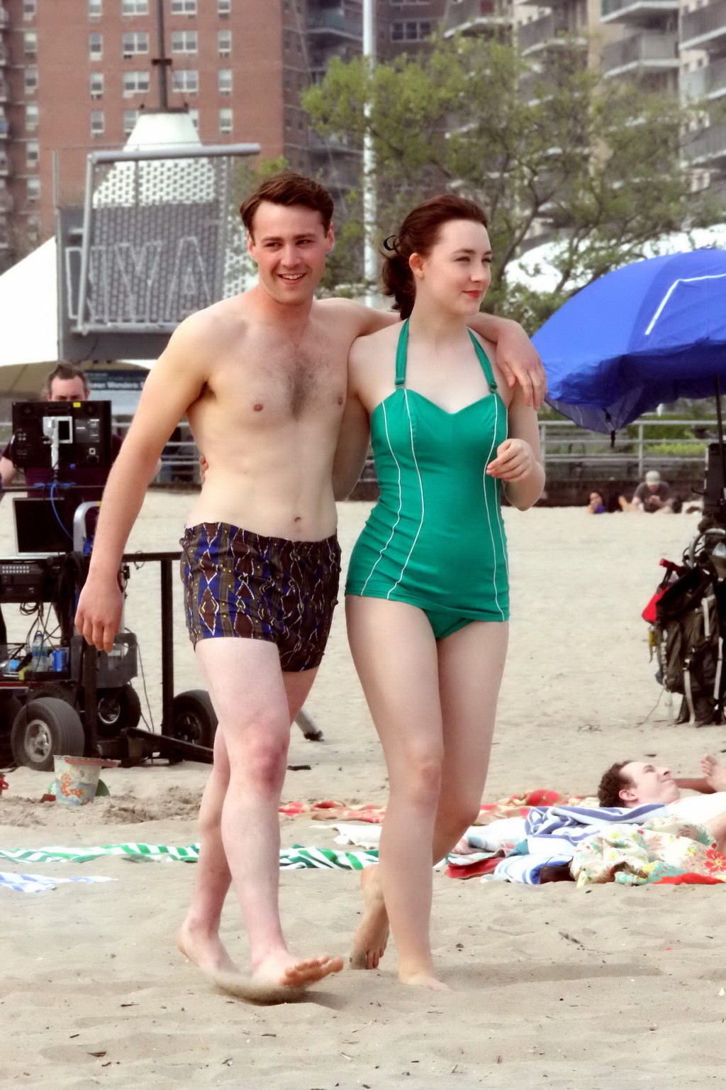 Saoirse Ronan booty wearing retro green swimsuit at the beach in New York #75195656