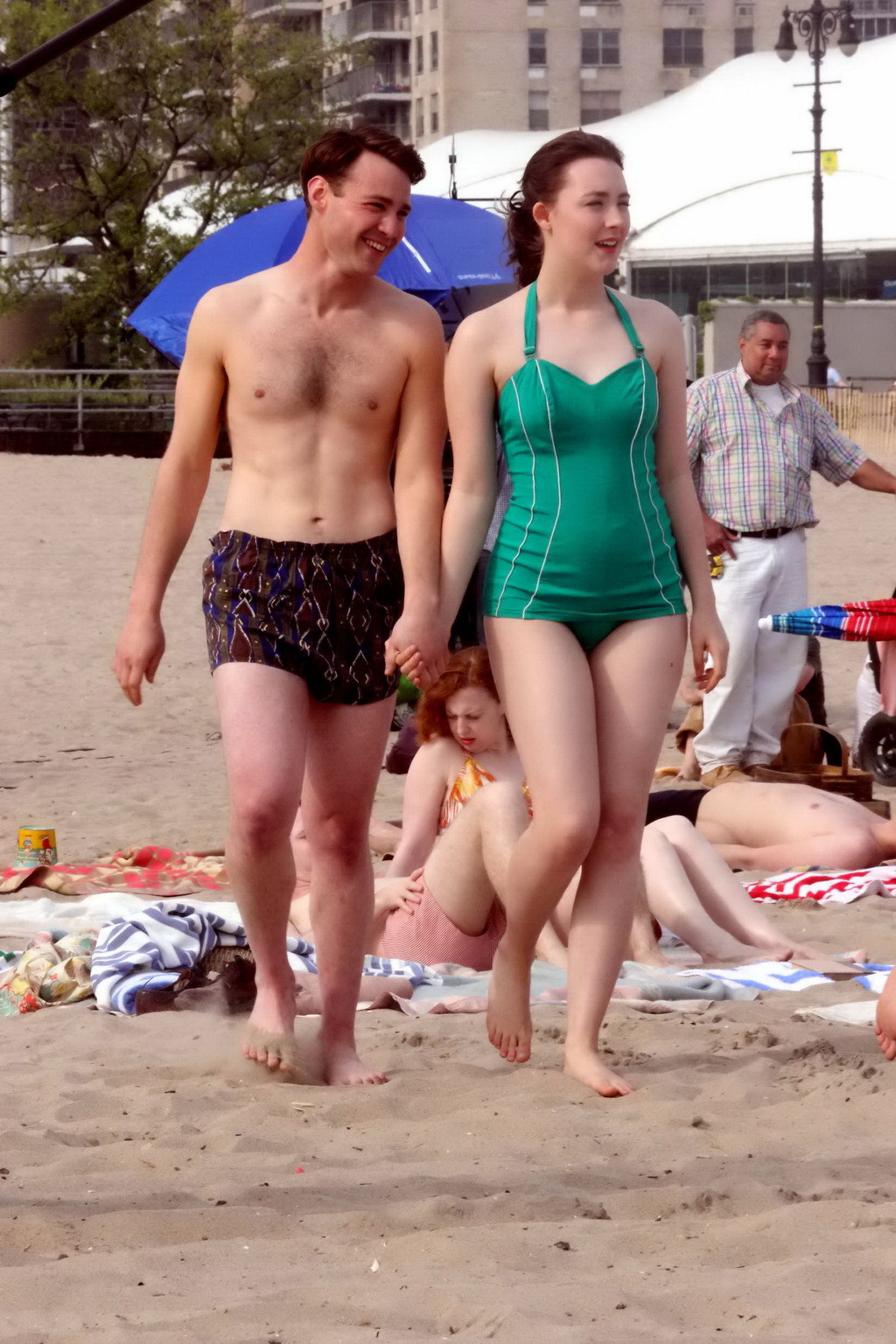 Saoirse Ronan booty wearing retro green swimsuit at the beach in New York #75195665