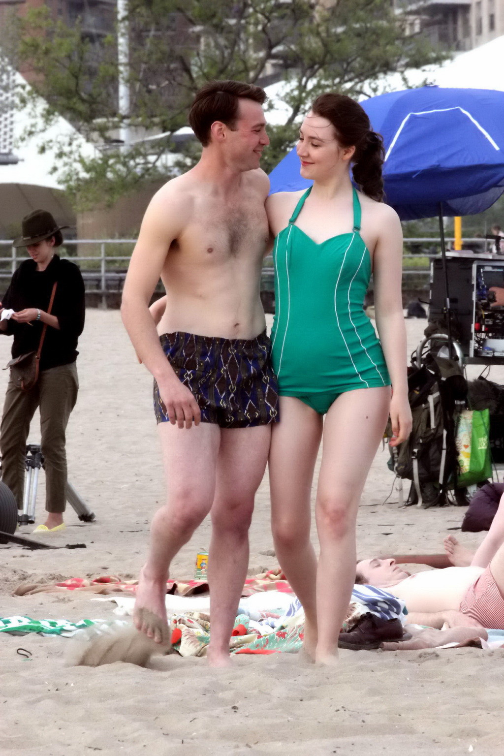 Saoirse Ronan booty wearing retro green swimsuit at the beach in New York #75195704