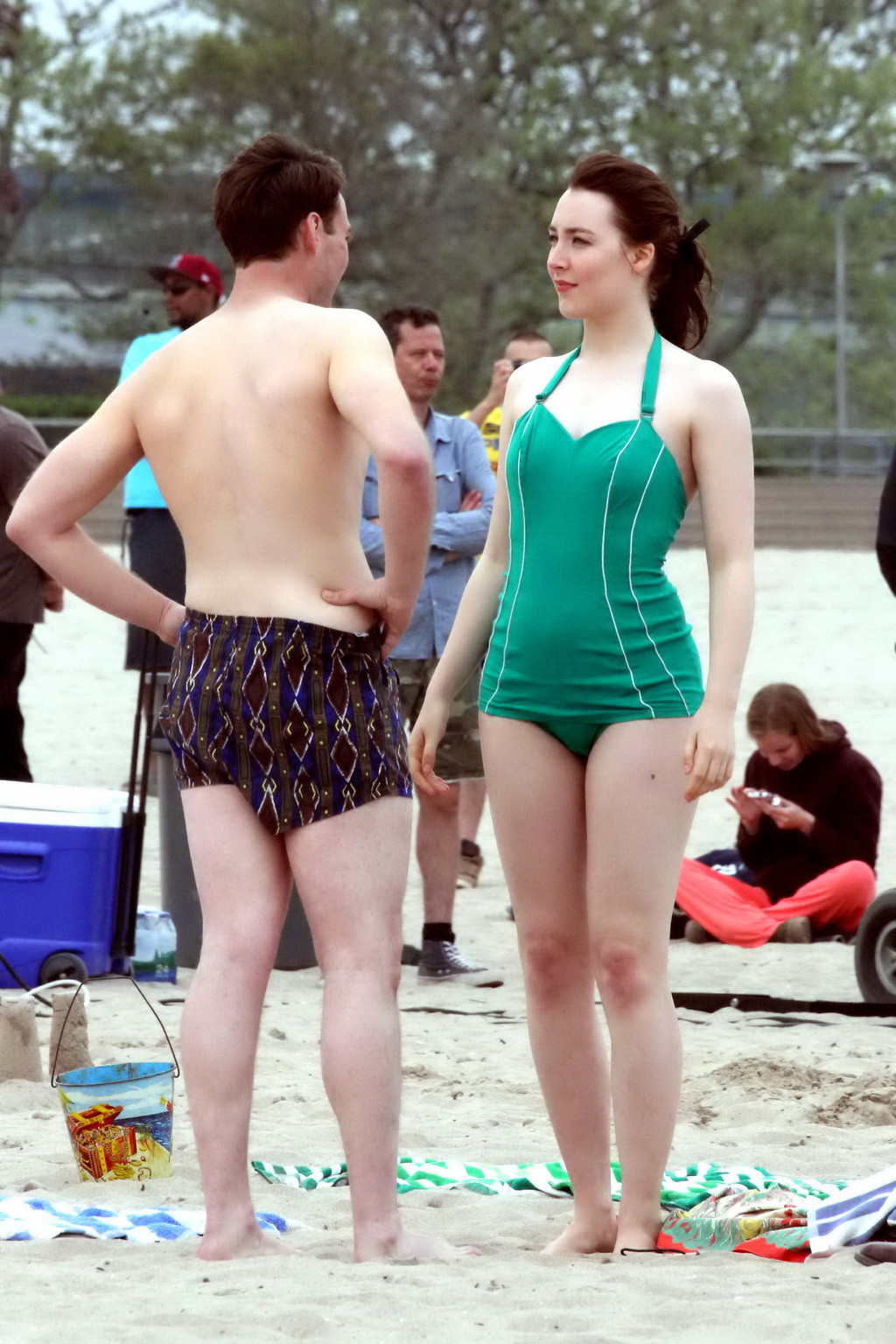 Saoirse Ronan booty wearing retro green swimsuit at the beach in New York #75195731