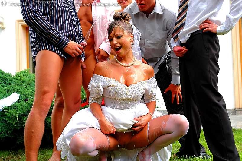 Group of guys banging and peeing on a sleazy bride #76621681