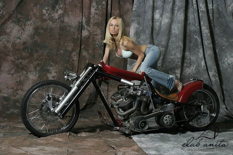 A blonde babe posing on a fat chopper #72738005