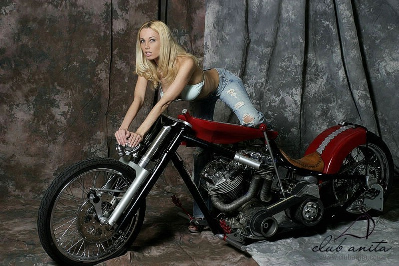 A blonde babe posing on a fat chopper #72738059