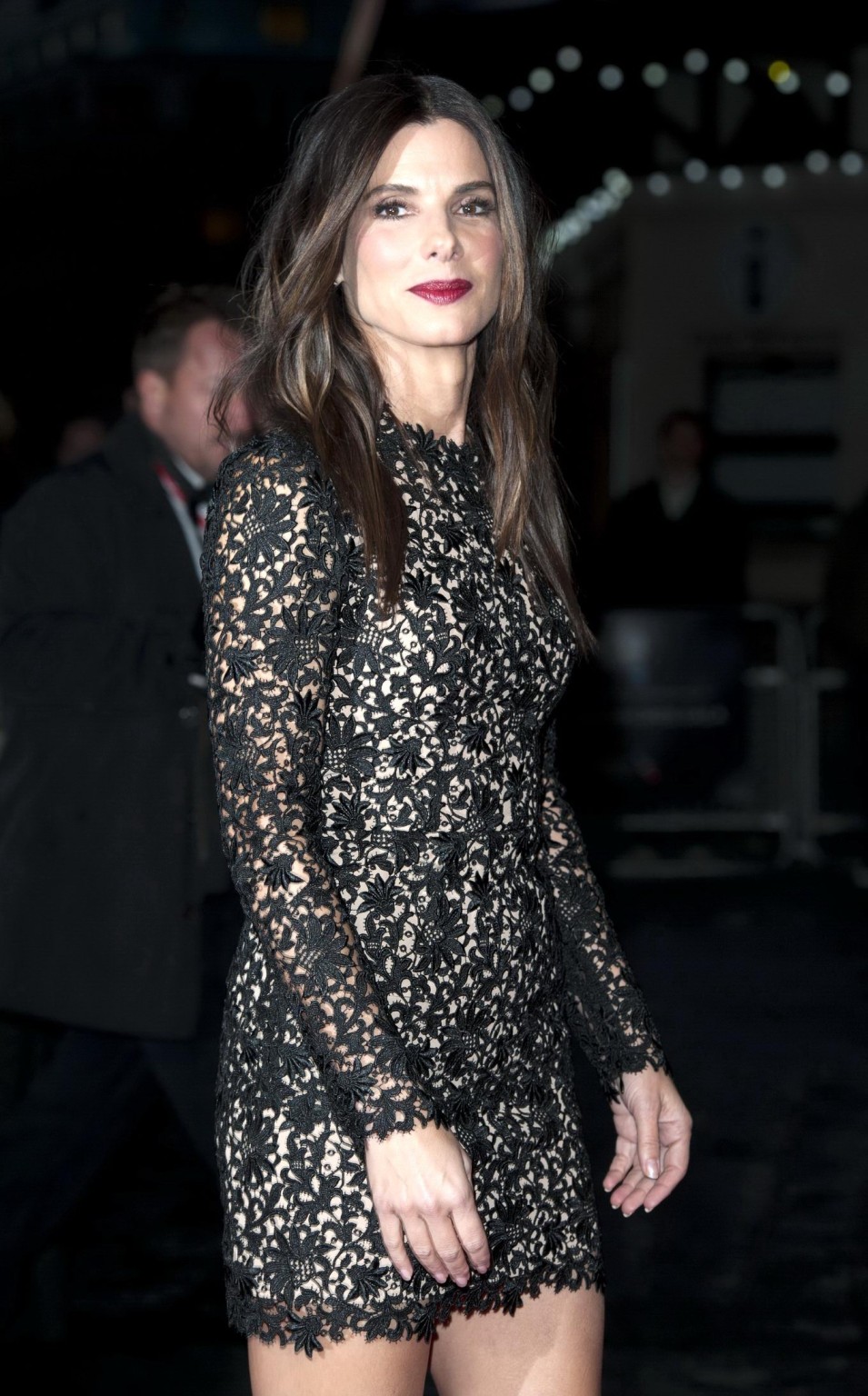 Sandra Bullock wearing a black lace mini dress at the 'Gravity' screening in Lon #75216172